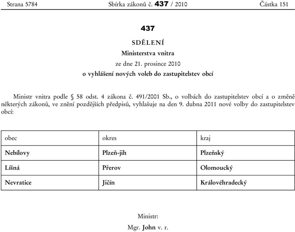 , o volbách do zastupitelstev obcí a o změně některých zákonů, ve znění pozdějších předpisů, vyhlašuje na den 9.