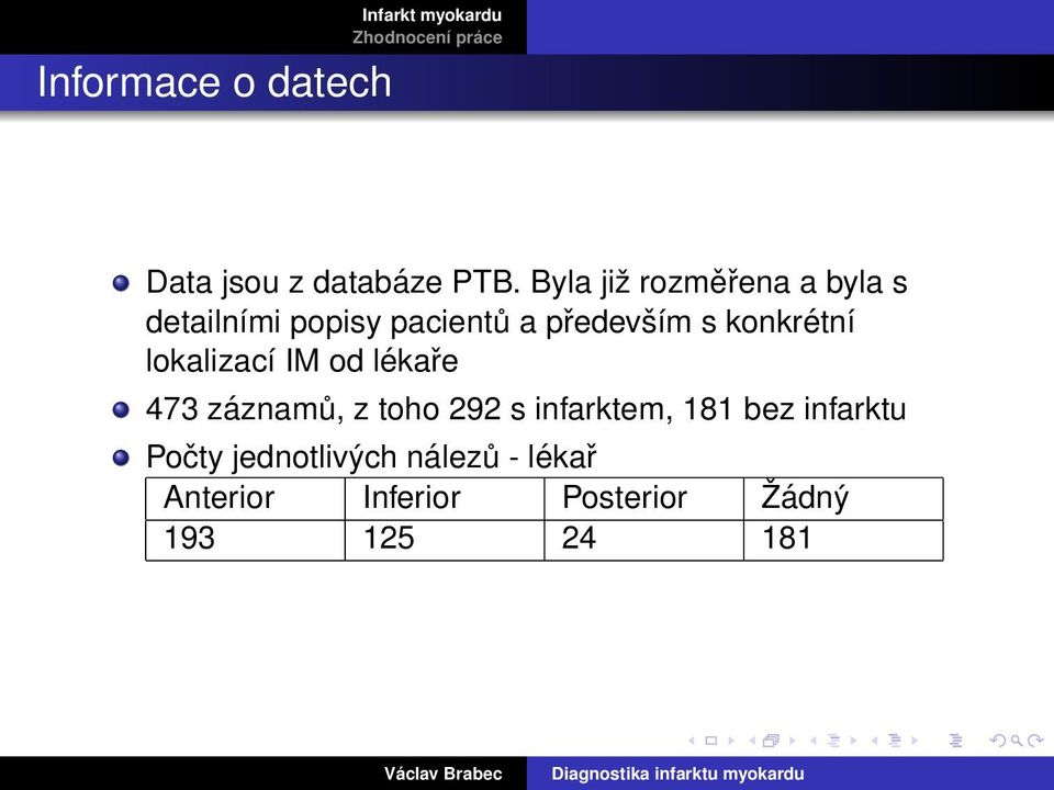 konkrétní lokalizací IM od lékaře 473 záznamů, z toho 292 s infarktem,