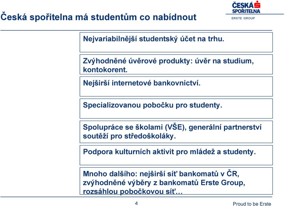 Specializovanou pobočku pro studenty. Spolupráce se školami (VŠE), generální partnerství soutěží pro středoškoláky.