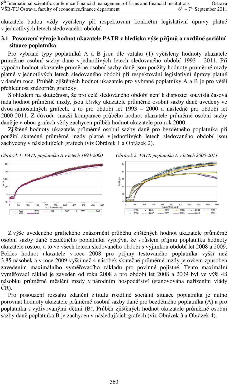 1 Posouzení vývoje hodnot ukazatele PATR z hlediska výše příjmů a rozdílné sociální situace poplatníka Pro vybrané typy poplatníků A a B jsou dle vztahu (1) vyčísleny hodnoty ukazatele průměrné