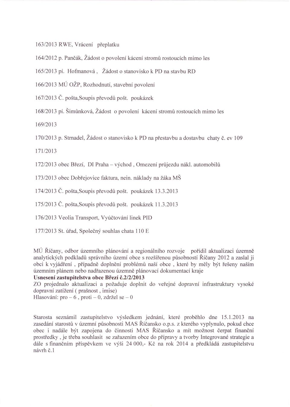 Šimůnková, Žádost o povolení kácení stromů rostoucích mimo les 169/2013 170/2013 p. Strnadel, Žádost o stanovisko k PD na přestavbu a dostavbu chaty Č.