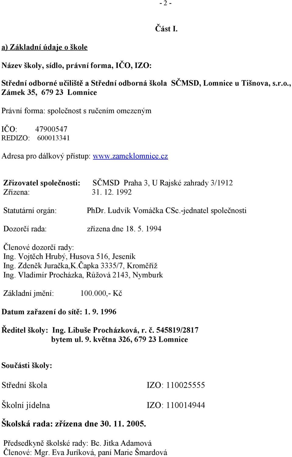 1994 Členové dozorčí rady: Ing. Vojtěch Hrubý, Husova 516, Jeseník Ing. Zdeněk Juračka,K.Čapka 3335/7, Kroměříž Ing. Vladimír Procházka, Růžová 2143, Nymburk Základní jmění: 100.