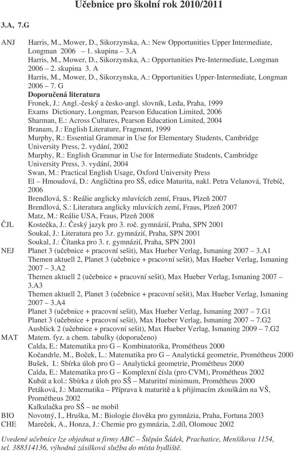 slovník, Leda, Praha, 1999 Exams Dictionary, Longman, Pearson Education Limited, 2006 Sharman, E.: Across Cultures, Pearson Education Limited, 2004 Branam, J.