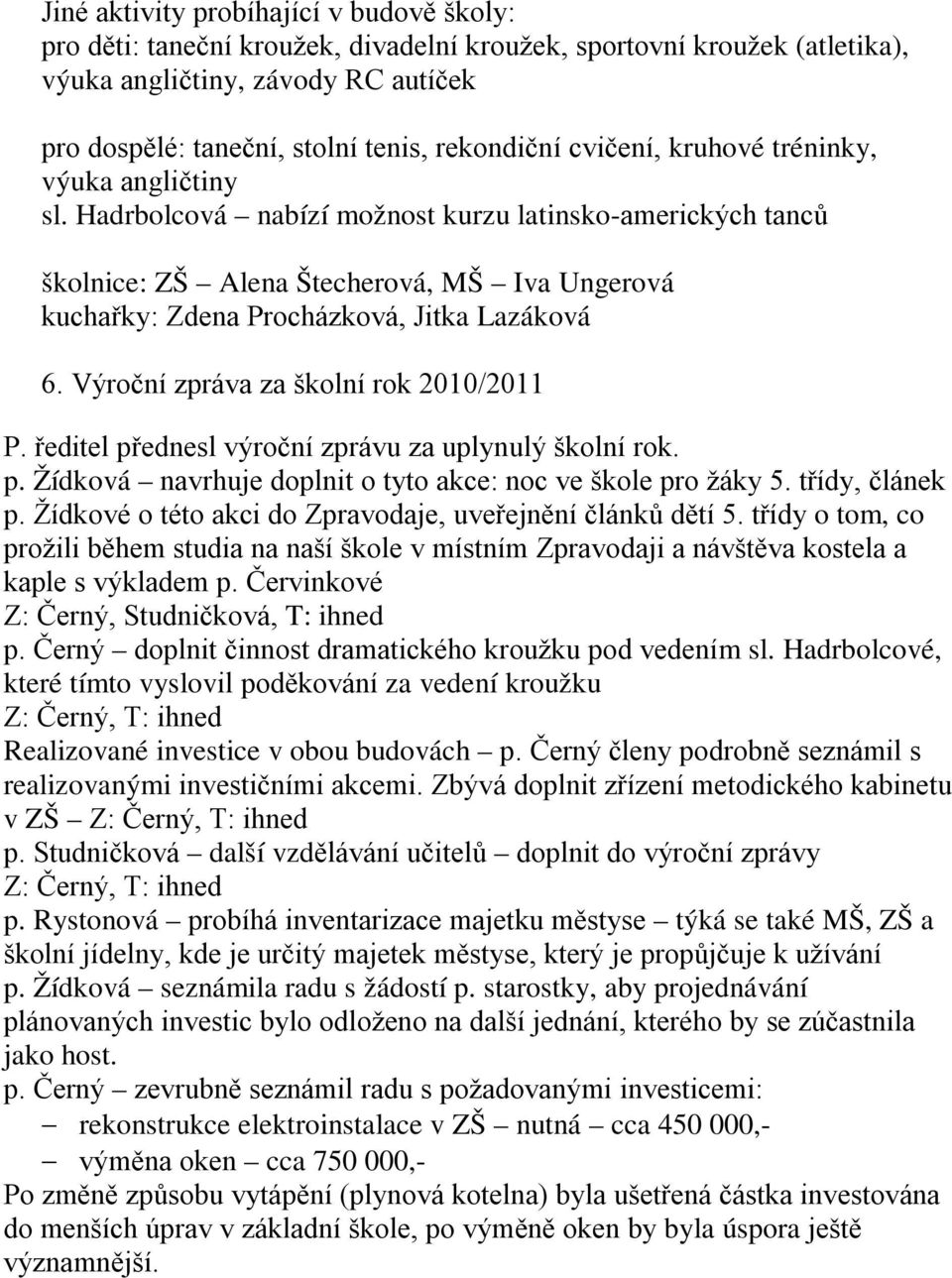 Hadrbolcová nabízí možnost kurzu latinsko-amerických tanců školnice: ZŠ Alena Štecherová, MŠ Iva Ungerová kuchařky: Zdena Procházková, Jitka Lazáková 6. Výroční zpráva za školní rok 2010/2011 P.