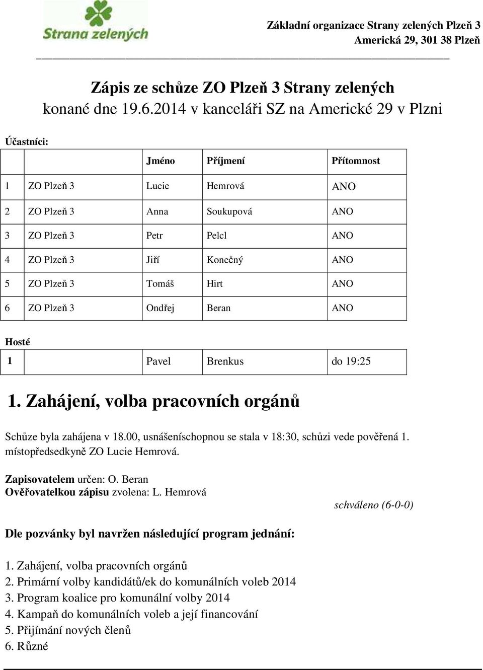 ANO 5 ZO Plzeň 3 Tomáš Hirt ANO 6 ZO Plzeň 3 Ondřej Beran ANO Hosté 1 Pavel Brenkus do 19:25 1. Zahájení, volba pracovních orgánů Schůze byla zahájena v 18.