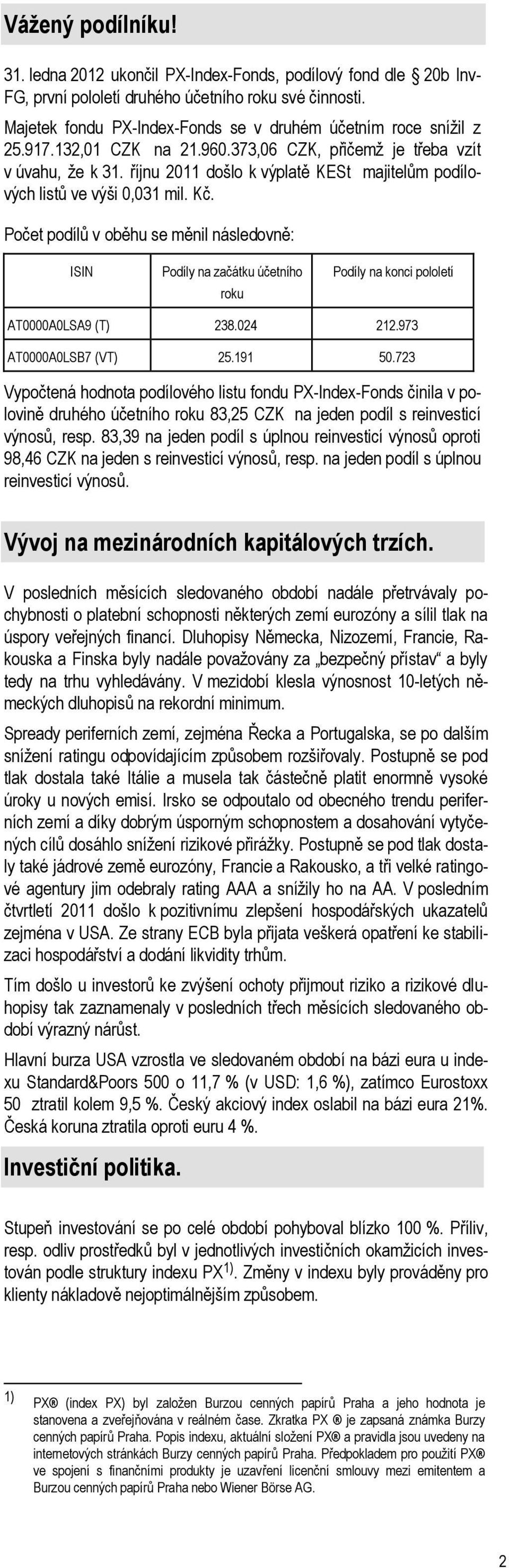 říjnu 2011 došlo k výplatě KESt majitelům podílových listů ve výši 0,031 mil. Kč.