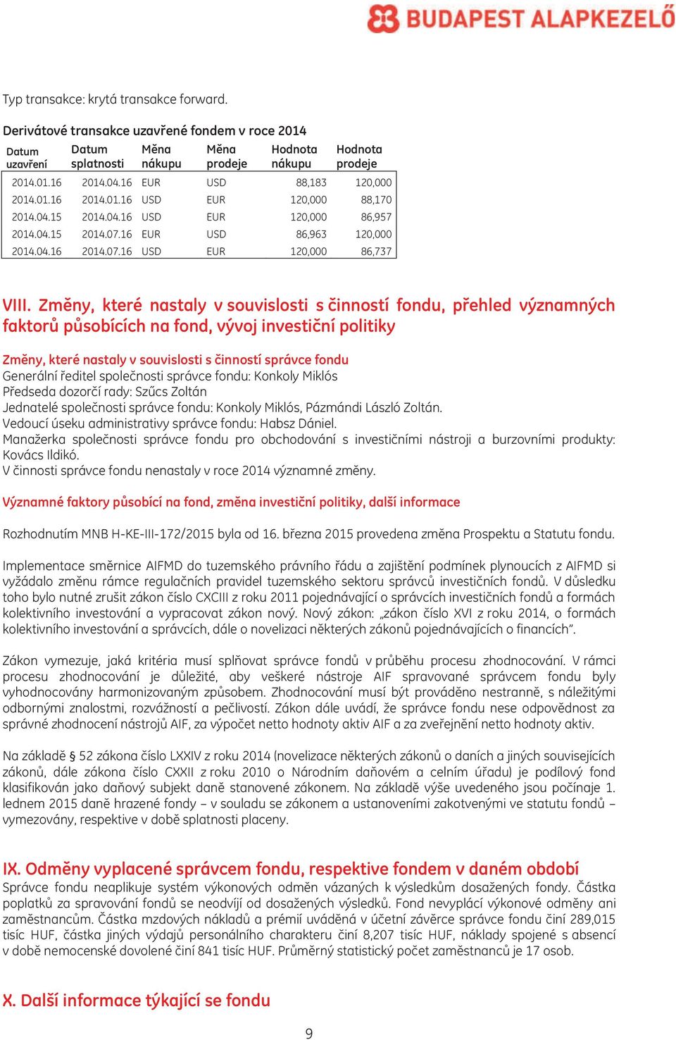 Změny, které nastaly v souvislosti s činností fondu, přehled významných faktorů působících na fond, vývoj investiční politiky Změny, které nastaly v souvislosti s činností správce fondu Generální