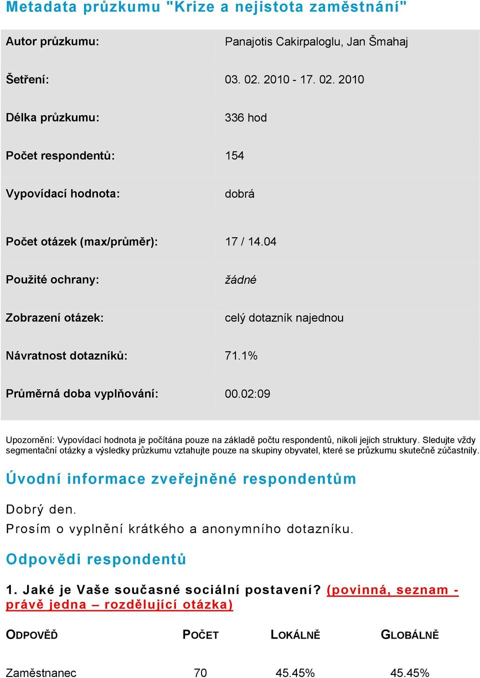 04 Použité ochrany: žádné Zobrazení otázek: celý dotazník najednou Návratnost dotazníků: 71.1% Průměrná doba vyplňování: 00.