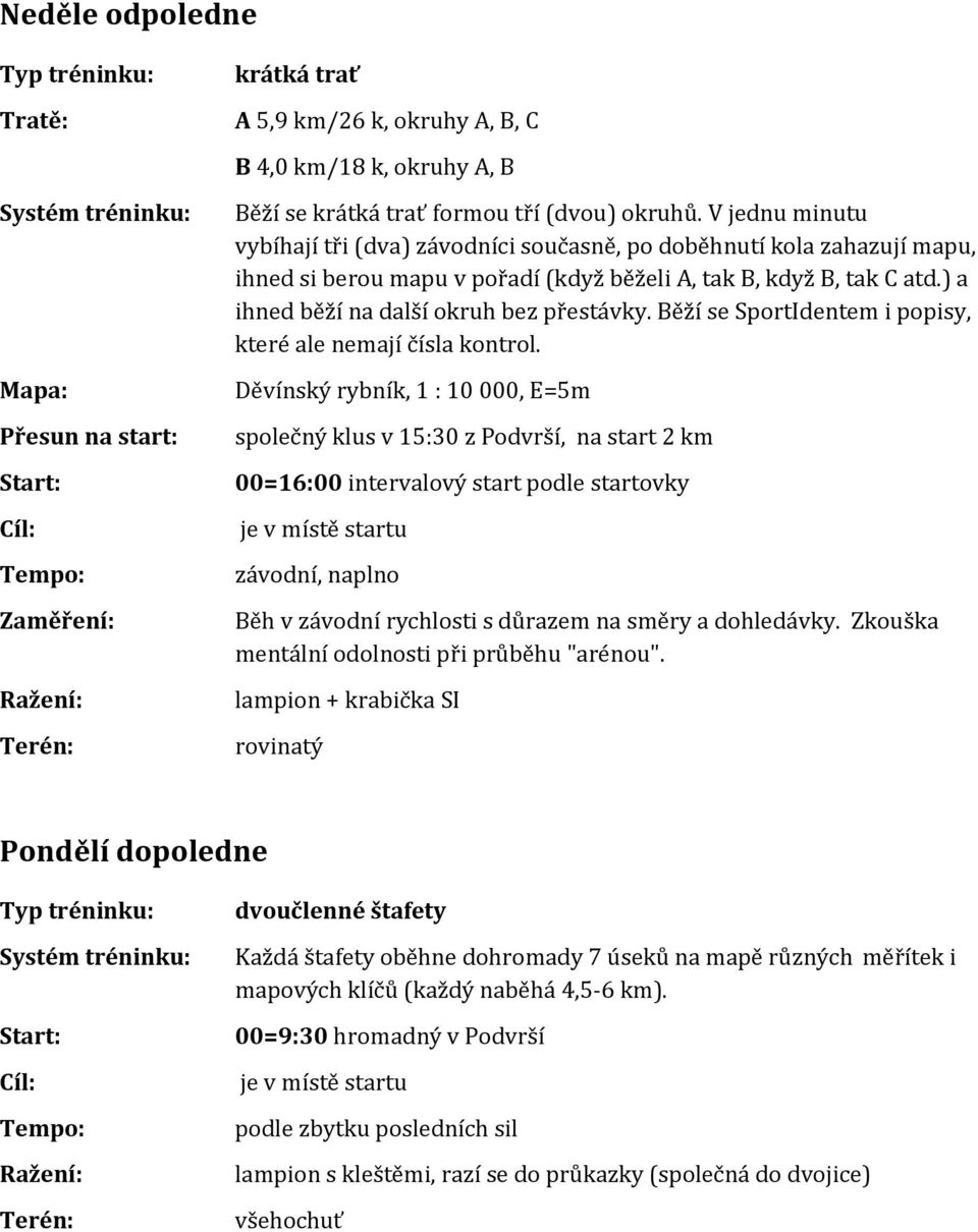 ) a ihned běží na další okruh bez přestávky. Běží se SportIdentem i popisy, které ale nemají čísla kontrol.