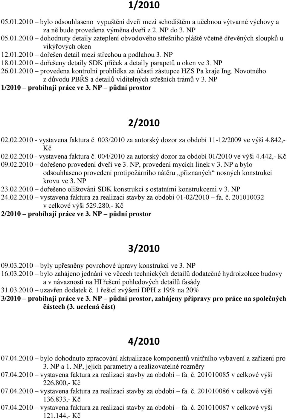 Novotného z důvodu PBŘS a detailů viditelných střešních trámů v 3. NP 1/2010 probíhají práce ve 3. NP půdní prostor 2/2010 02.02.2010 - vystavena faktura č.