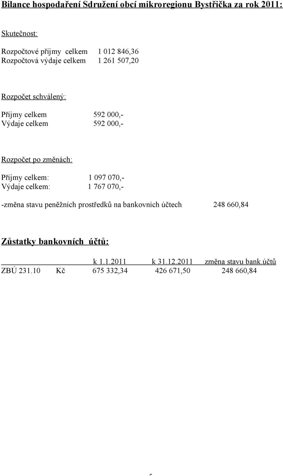 změnách: Příjmy celkem: 1 097 070,- Výdaje celkem: 1 767 070,- -změna stavu peněžních prostředků na bankovních účtech 248