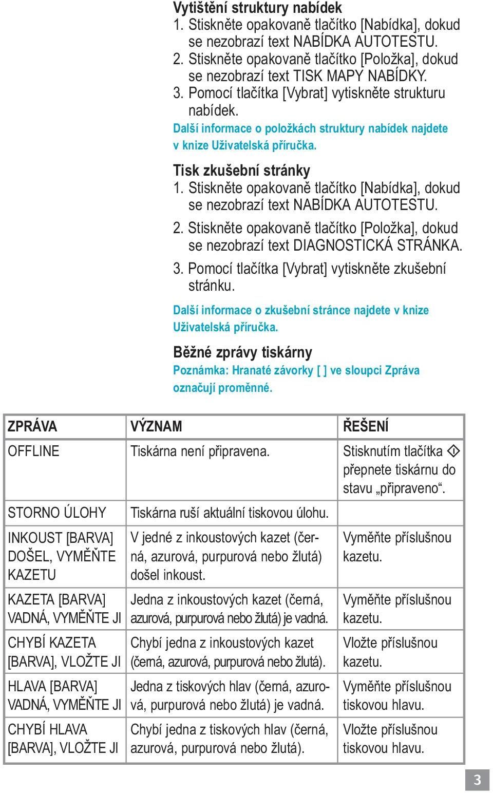 Stiskněte opakovaně tlačítko [Nabídka], dokud se nezobrazí text NABÍDKA AUTOTESTU. 2. Stiskněte opakovaně tlačítko [Položka], dokud se nezobrazí text DIAGNOSTICKÁ STRÁNKA. 3.