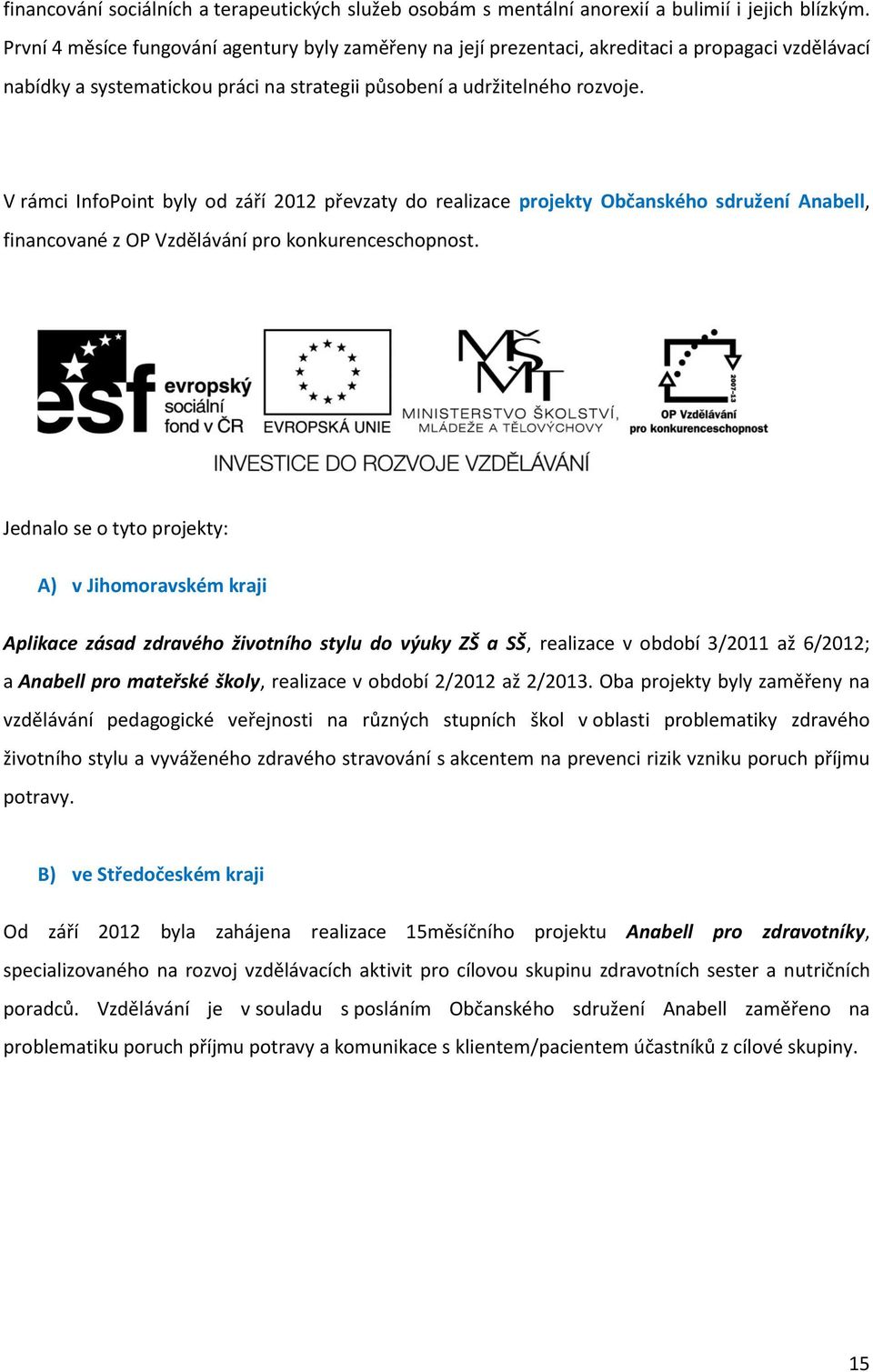 V rámci InfoPoint byly od září 2012 převzaty do realizace projekty Občanského sdružení Anabell, financované z OP Vzdělávání pro konkurenceschopnost.