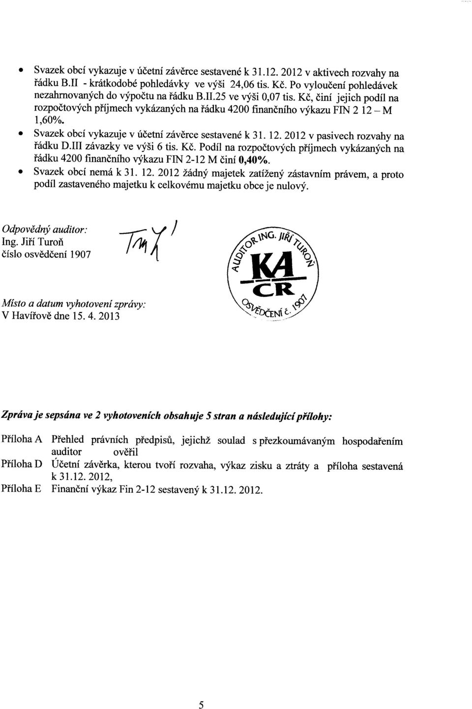 Svazek obci vykazuje v ucetni zaverce sestavene k 31. 12. 2012 v pasivech rozvahy na fddku D.III zavazky ve vysi 6 tis. K.