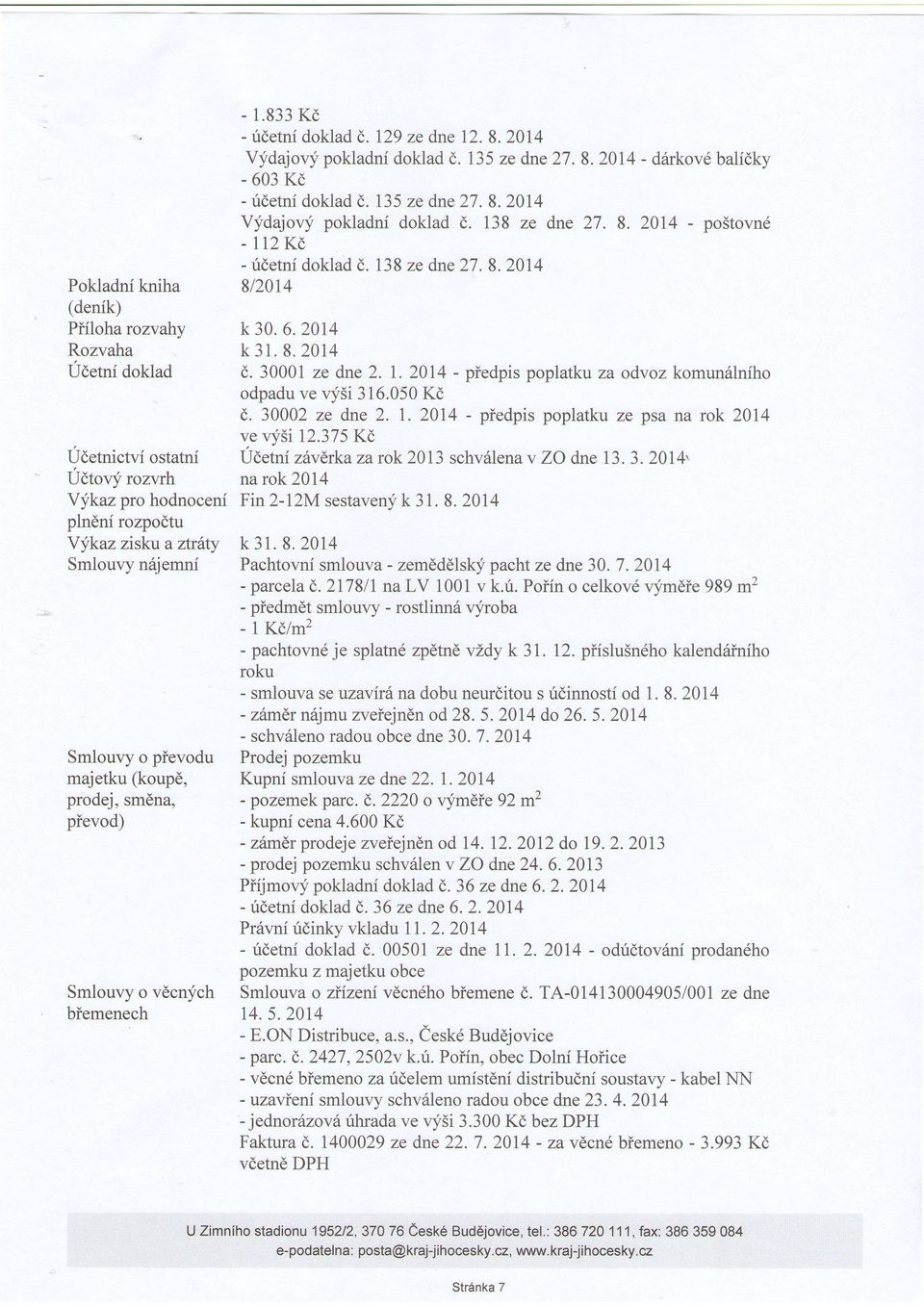 2014 - piedpis poplatku za odvoz komun6lniho odpadu ve vy5i 316.050 Kd d. 30002 ze dne 2. I. 2014 - piedpis poplatku ze psa na rok 2014 udetnictvi ostatni ifrjii#;{:"i:rok 2013 schv6tena v zo dne 13.