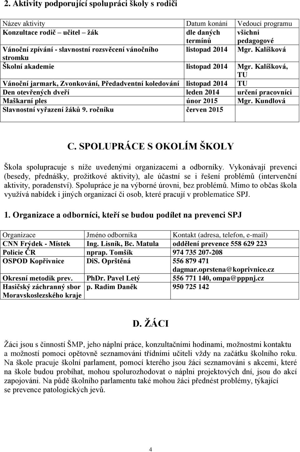 Kalíšková, TU Vánoční jarmark, Zvonkování, Předadventní koledování listopad 2014 TU Den otevřených dveří leden 2014 určení pracovníci Maškarní ples únor 2015 Mgr. Kundlová Slavnostní vyřazení žáků 9.