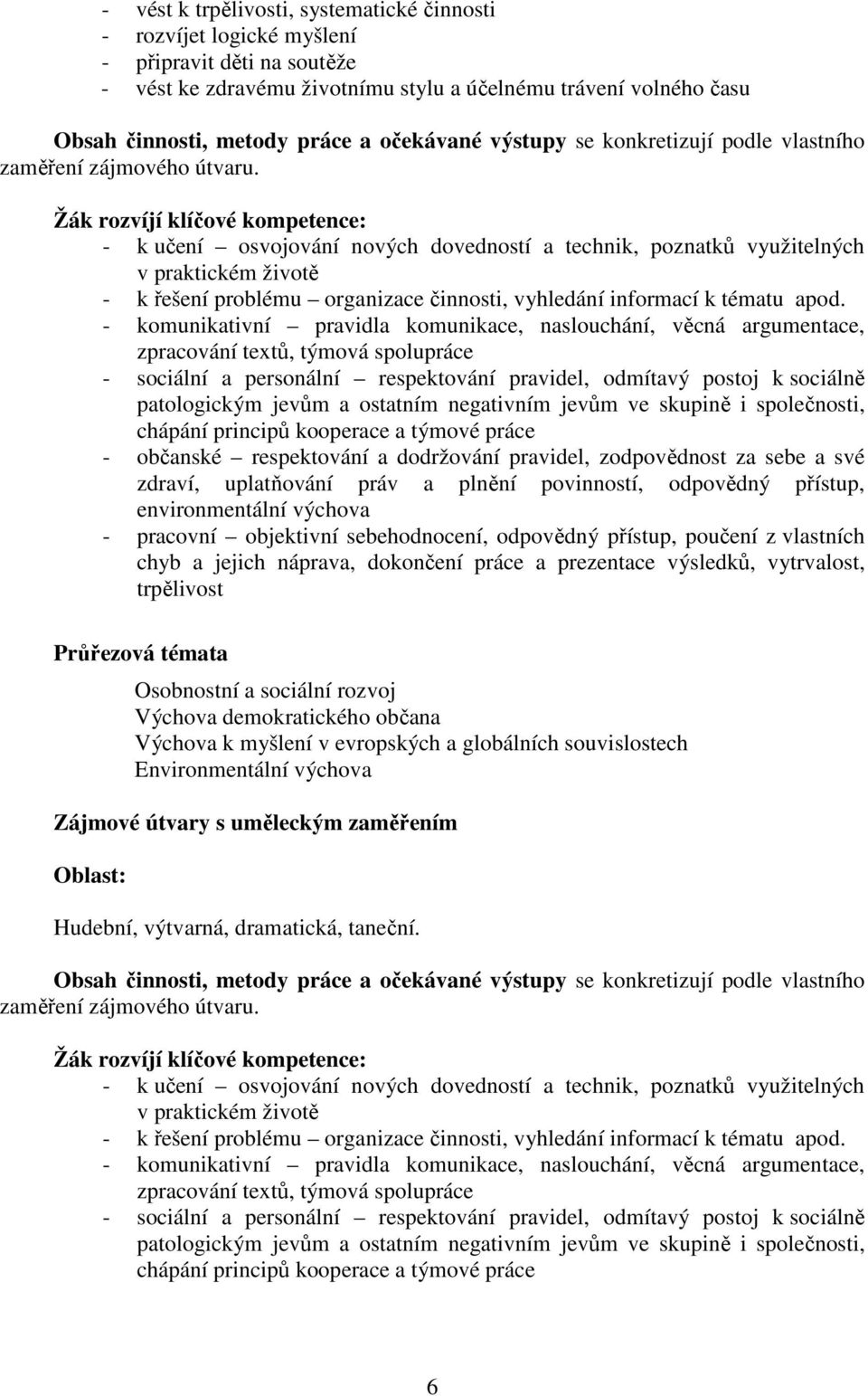 Žák rozvíjí klíčové kompetence: - k učení osvojování nových dovedností a technik, poznatků využitelných v praktickém životě - k řešení problému organizace činnosti, vyhledání informací k tématu apod.