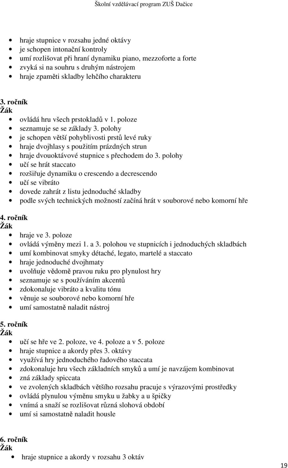 polohy je schopen větší pohyblivosti prstů levé ruky hraje dvojhlasy s použitím prázdných strun hraje dvouoktávové stupnice s přechodem do 3.