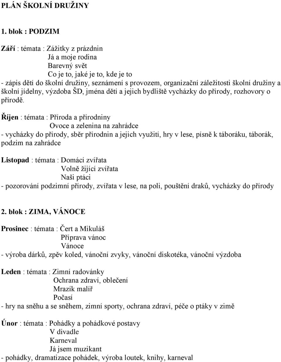 družiny a školní jídelny, výzdoba ŠD, jména dětí a jejich bydliště vycházky do přírody, rozhovory o přírodě.