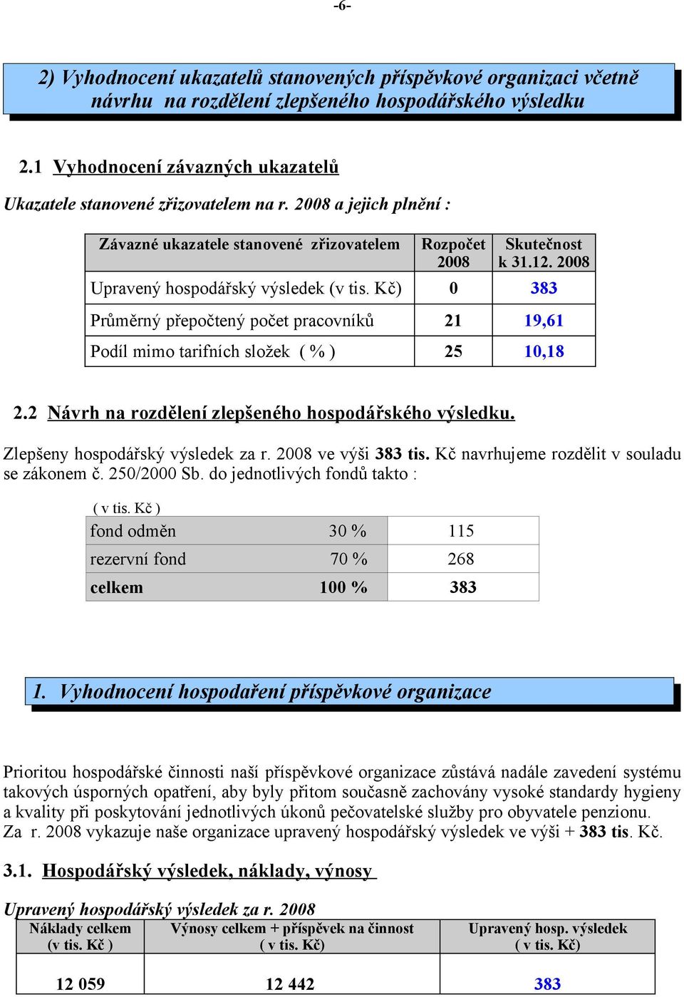 Kč) 0 383 Průměrný přepočtený počet pracovníků 21 19,61 Podíl mimo tarifních složek ( % ) 25 10,18 2.2 Návrh na rozdělení zlepšeného hospodářského výsledku. Zlepšeny hospodářský výsledek za r.