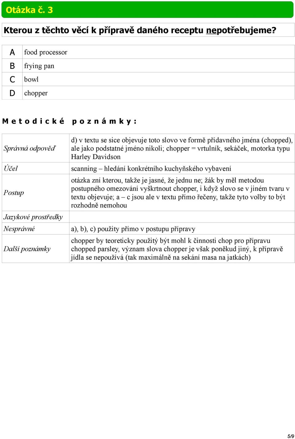 avidson scanning hledání konkrétního kuchyňského vybavení otázka zní kterou, takže je jasné, že jednu ne; žák by měl metodou postupného omezování vyškrtnout chopper, i když slovo se v jiném tvaru v