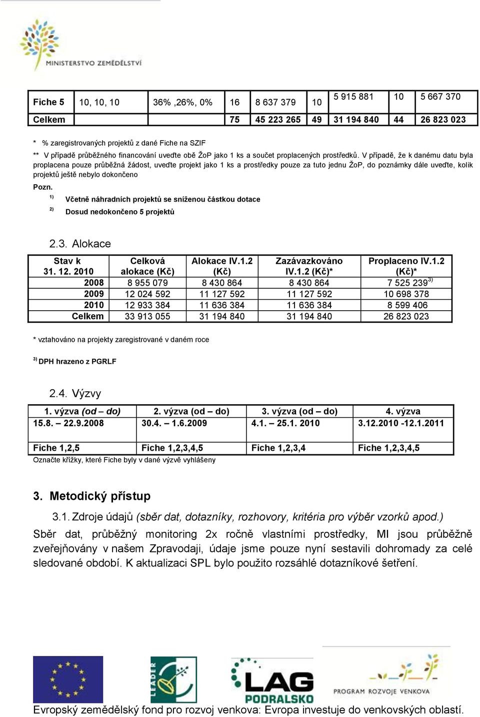 V případě, že k danému datu byla proplacena pouze průběžná žádost, uveďte projekt jako 1 ks a prostředky pouze za tuto jednu ŽoP, do poznámky dále uveďte, kolik projektů ještě nebylo dokončeno Pozn.