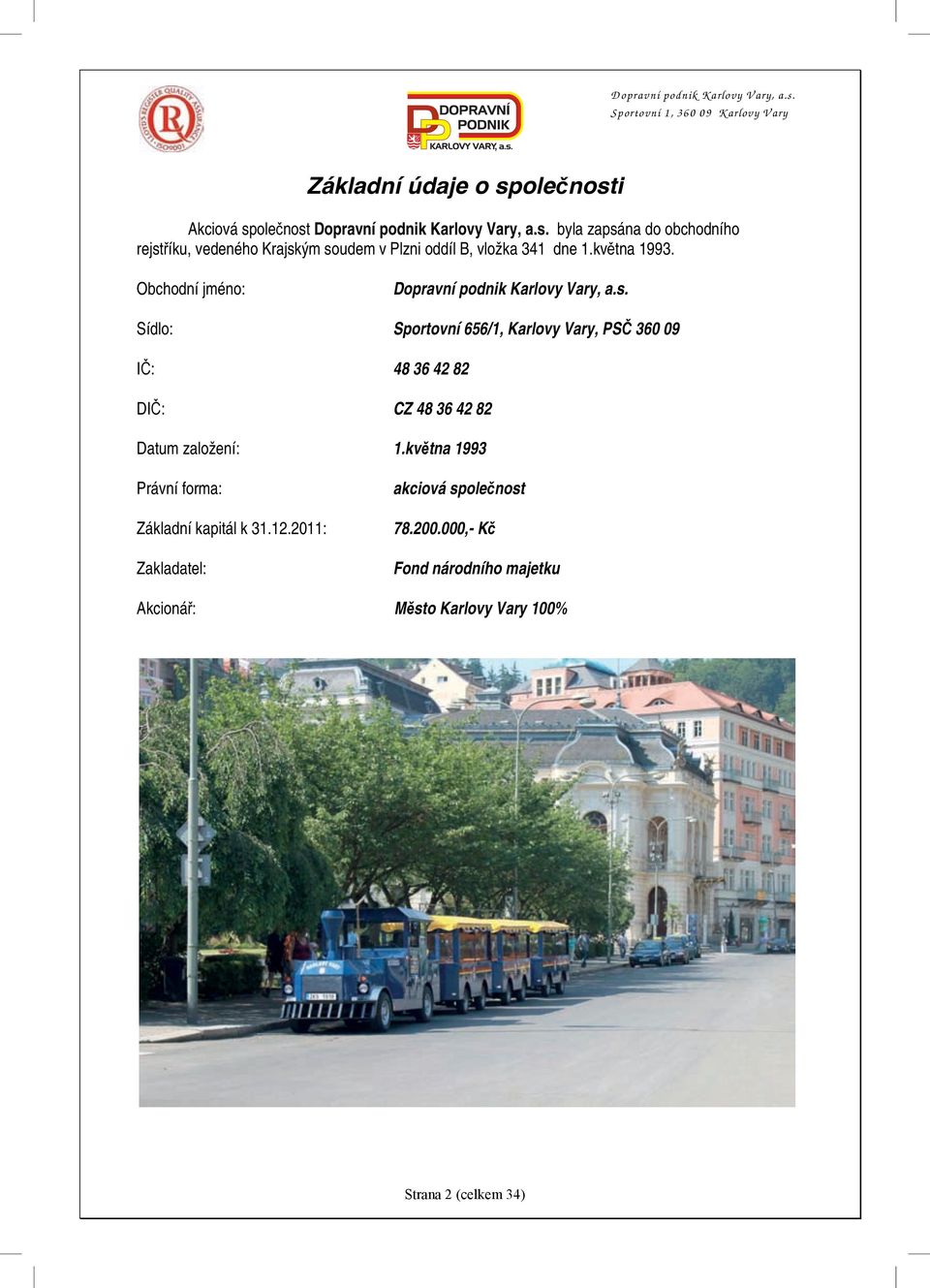 Sídlo: Sportovní 656/1, Karlovy Vary, PSČ 360 09 IČ: 48 36 42 82 DIČ: CZ 48 36 42 82 Datum založení: 1.