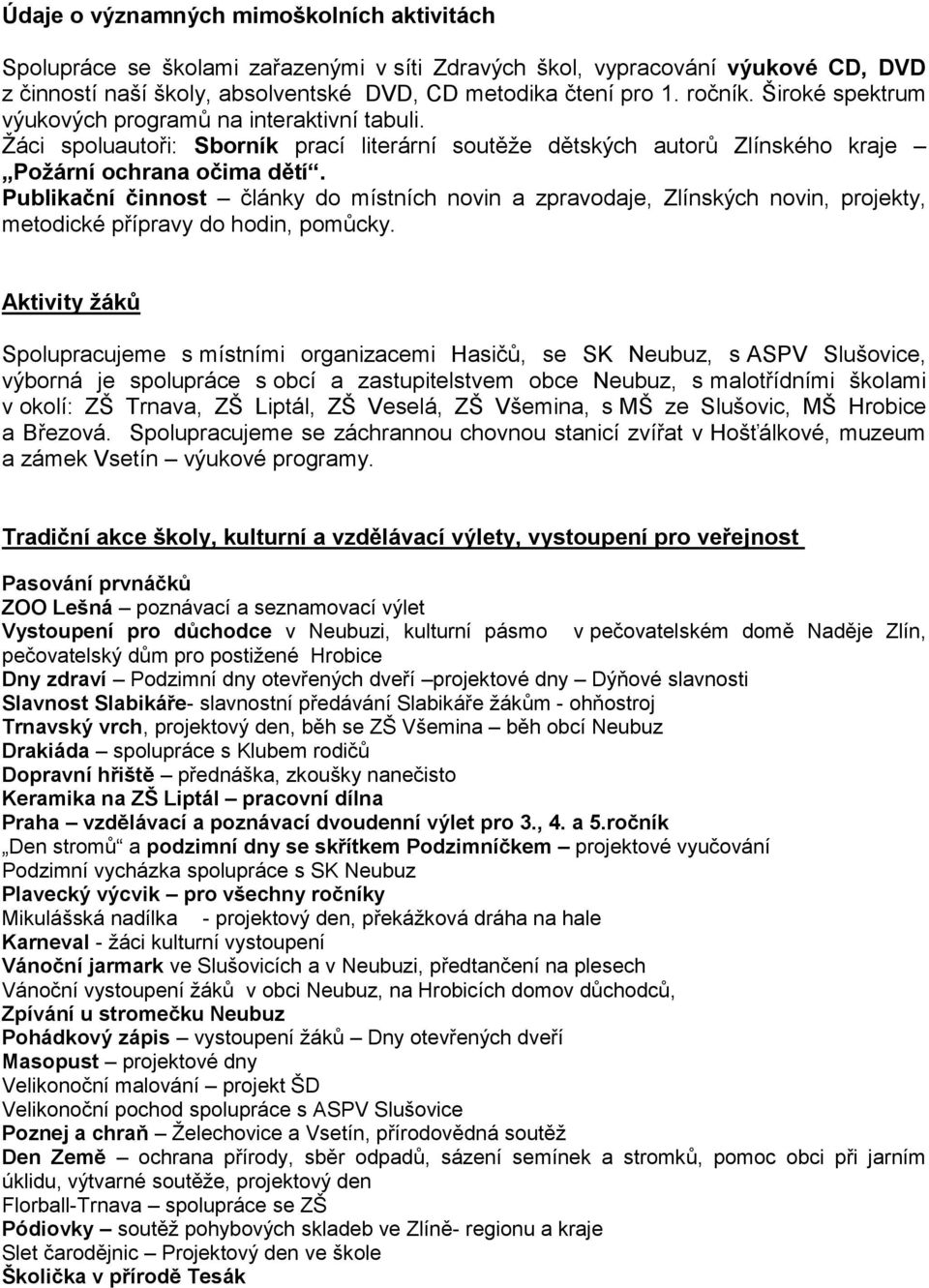Publikační činnost články do místních novin a zpravodaje, Zlínských novin, projekty, metodické přípravy do hodin, pomůcky.