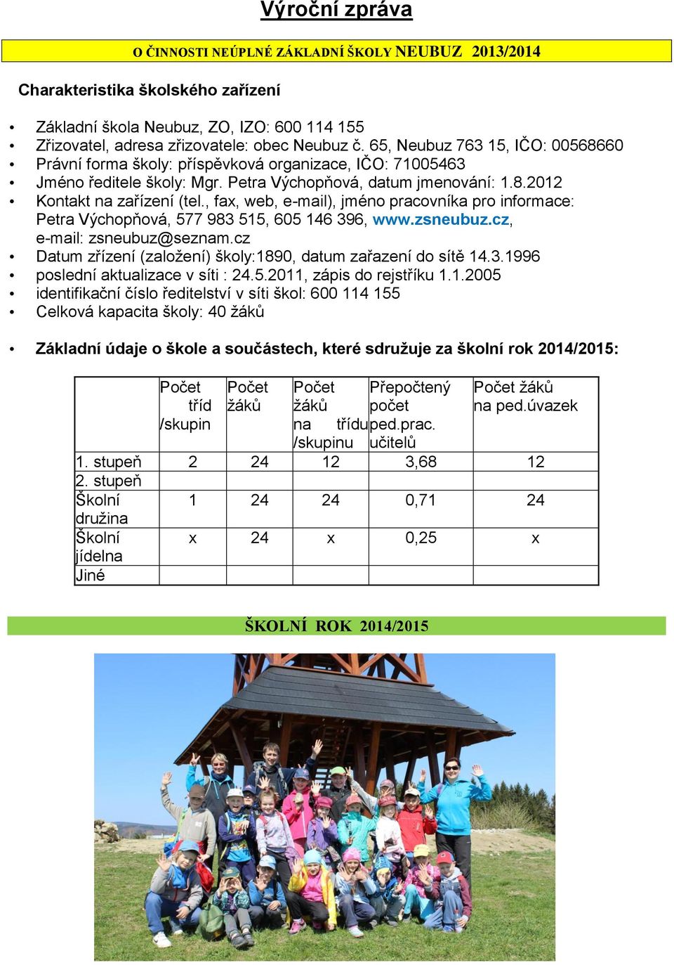 , fax, web, e-mail), jméno pracovníka pro informace: Petra Výchopňová, 577 983 515, 605 146 396, www.zsneubuz.cz, e-mail: zsneubuz@seznam.