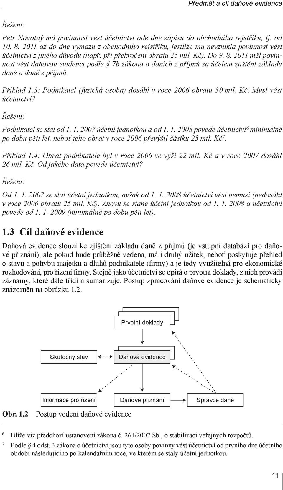 2011 měl povinnost vést daňovou evidenci podle 7b zákona o daních z příjmů za účelem zjištění základu daně a daně z příjmů. Příklad 1.3: Podnikatel (fyzická osoba) dosáhl v roce 2006 obratu 30 mil.