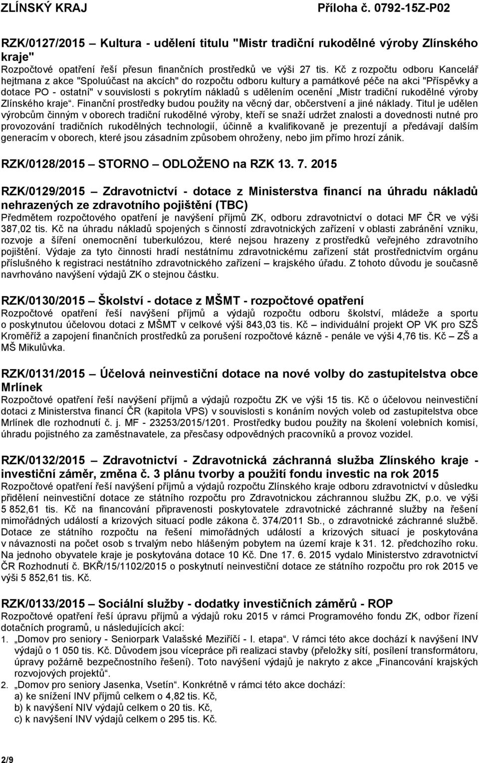 ocenění Mistr tradiční rukodělné výroby Zlínského kraje. Finanční prostředky budou použity na věcný dar, občerstvení a jiné náklady.