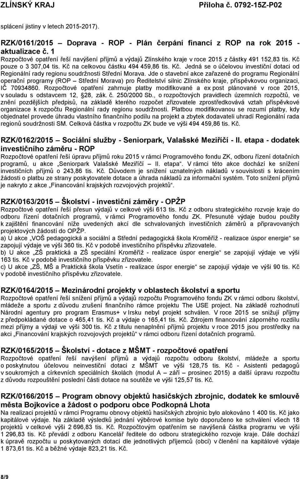 pouze o 3 307,04 tis. Kč na celkovou částku 494 459,86 tis. Kč. Jedná se o účelovou investiční dotaci od Regionální rady regionu soudržnosti Střední Morava.