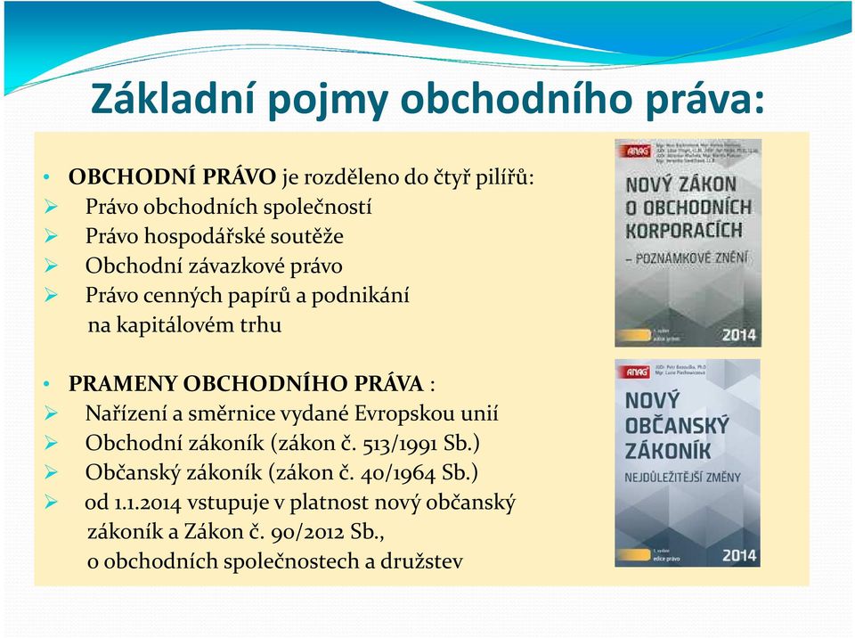 směrnice vydané Evropskou unií Obchodní zákoník (zákon č. 513/1991 Sb.) Občanský zákoník (zákon č. 40/1964 Sb.