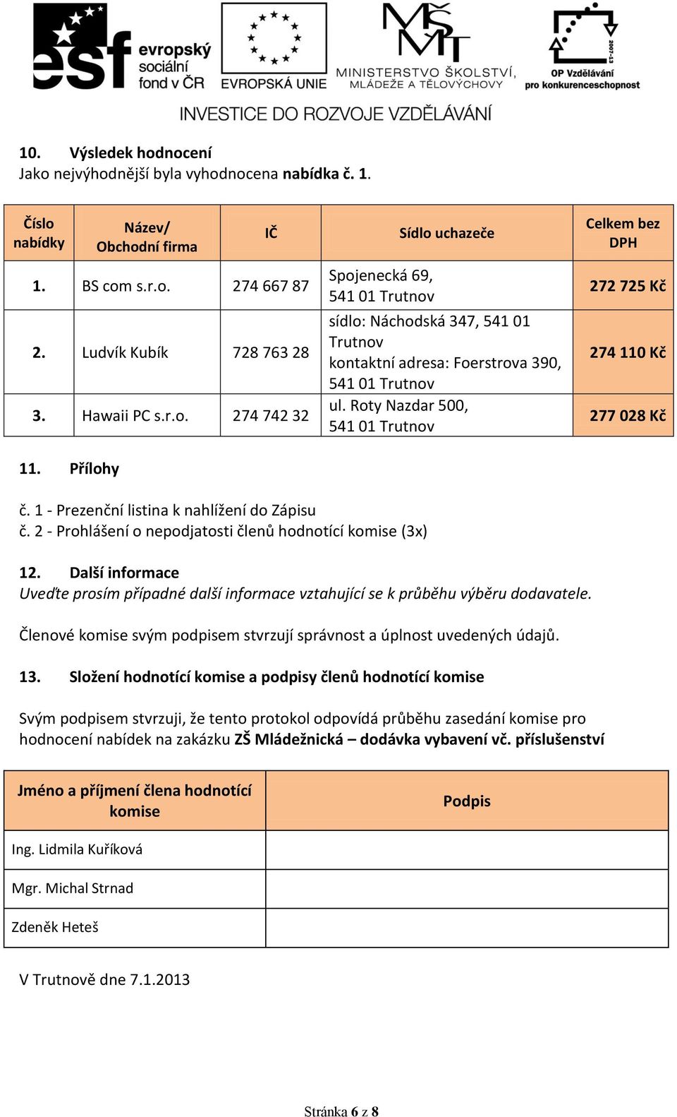 1 - Prezenční listina k nahlížení do Zápisu č. 2 - Prohlášení o nepodjatosti členů hodnotící komise (3x) 12.