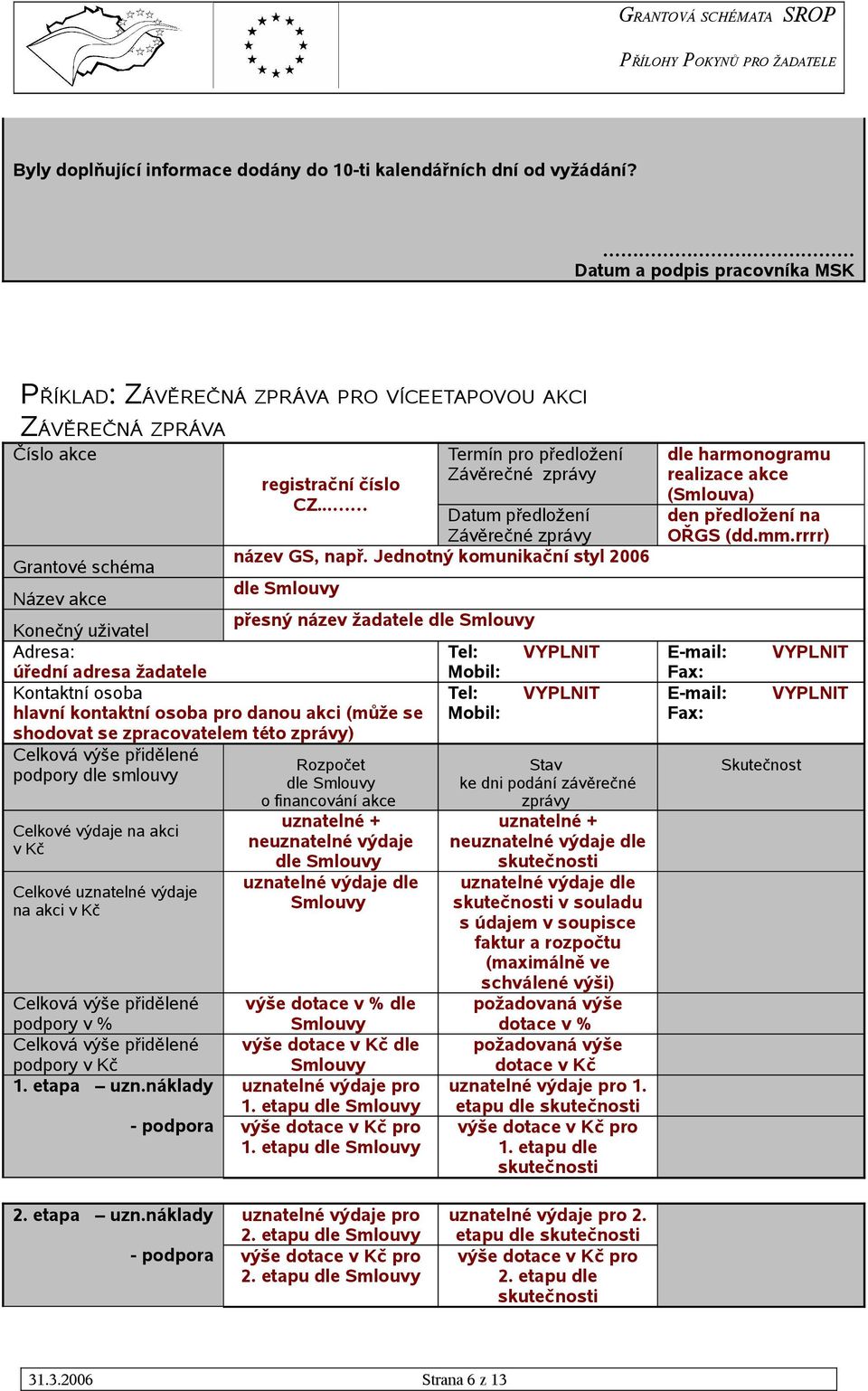 Jednotný komunikační styl 2006 Název akce dle Smlouvy Konečný uživatel přesný název žadatele dle Smlouvy Adresa: Tel: VYPLNIT úřední adresa žadatele Mobil: Kontaktní osoba Tel: VYPLNIT hlavní