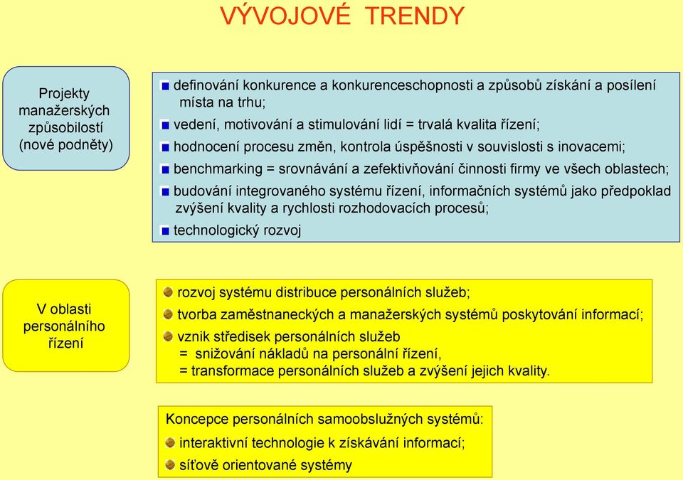 systému řízení, informačních systémů jako předpoklad zvýšení kvality a rychlosti rozhodovacích procesů; technologický rozvoj V oblasti personálního řízení rozvoj systému distribuce personálních