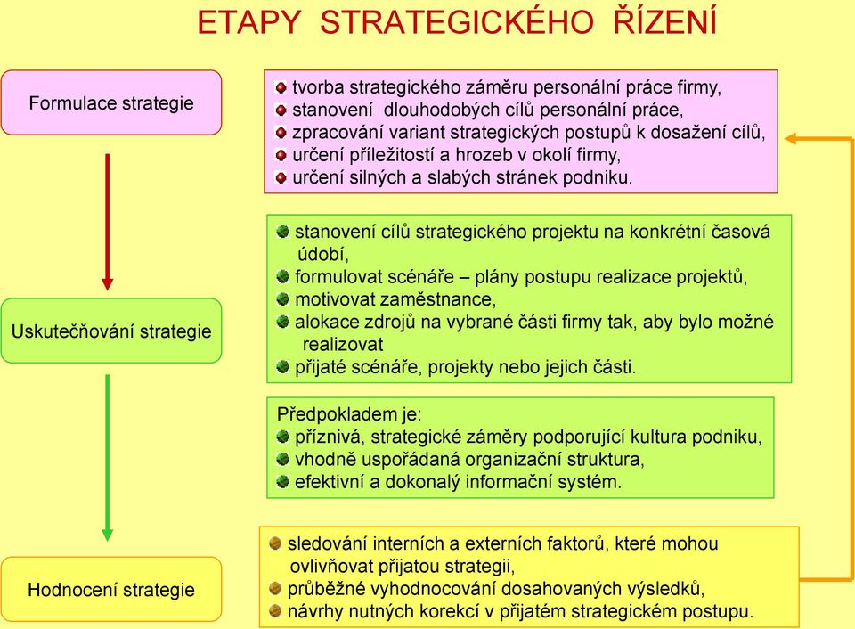 Uskutečňování strategie stanovení cílů strategického projektu na konkrétní časová údobí, formulovat scénáře plány postupu realizace projektů, motivovat zaměstnance, alokace zdrojů na vybrané části