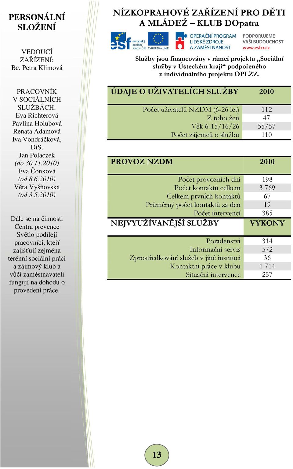 2010) Dále se na činnosti Centra prevence Světlo podílejí pracovníci, kteří zajišťují zejména terénní sociální práci a zájmový klub a vůči zaměstnavateli fungují na dohodu o provedení práce.