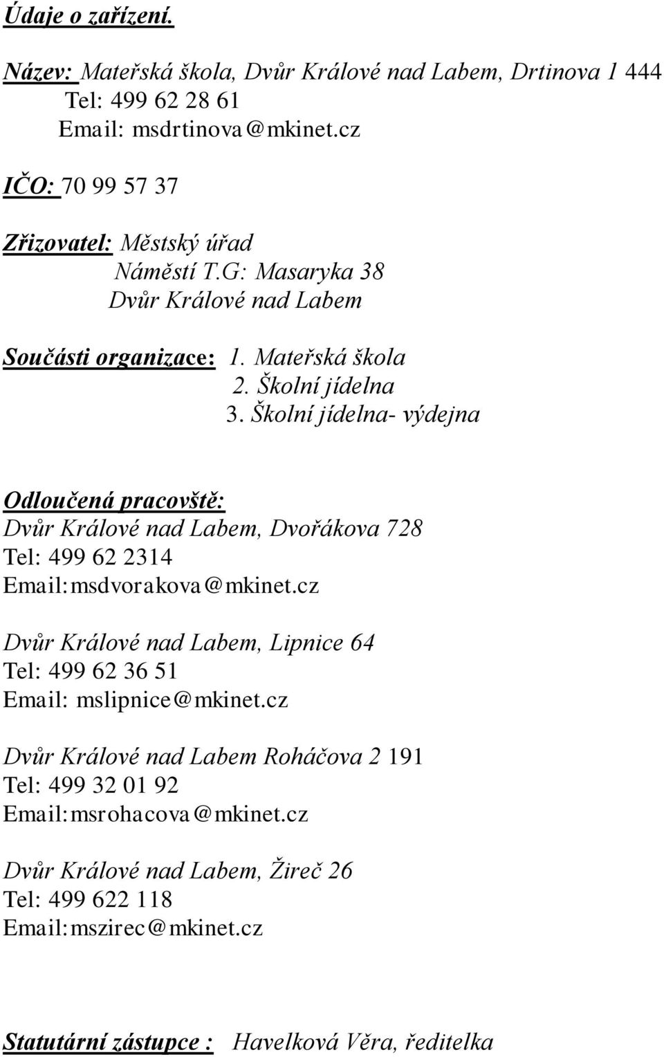 Školní jídelna- výdejna Odloučená pracovště: Dvůr Králové nad Labem, Dvořákova 728 Tel: 499 62 2314 Email:msdvorakova@mkinet.