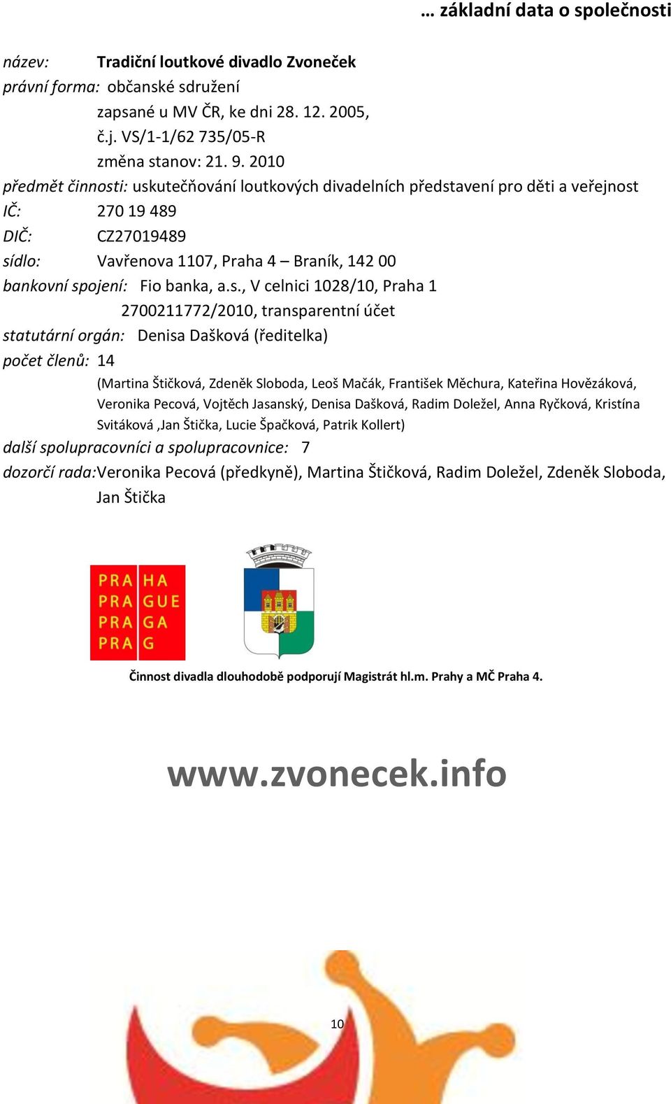 a.s., V celnici 1028/10, Praha 1 2700211772/2010, transparentní účet statutární orgán: Denisa Dašková (ředitelka) počet členů: 14 (Martina Štičková, Zdeněk Sloboda, Leoš Mačák, František Měchura,