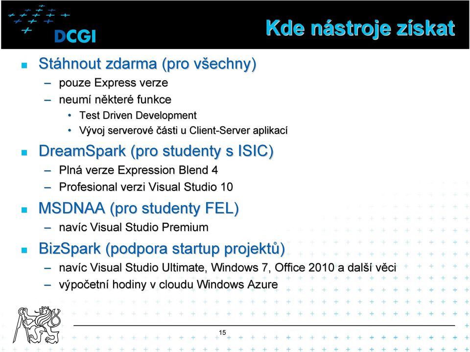 Visual Studio 10 MSDNAA (pro studenty FEL) navíc c Visual Studio Premium BizSpark (podpora startup projektů) Kde