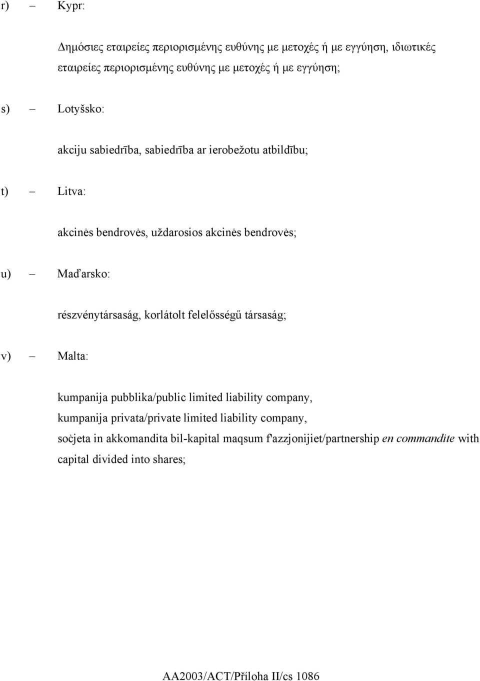részvénytársaság, korlátolt felelősségű társaság; v) Malta: kumpanija pubblika/public limited liability company, kumpanija privata/private limited