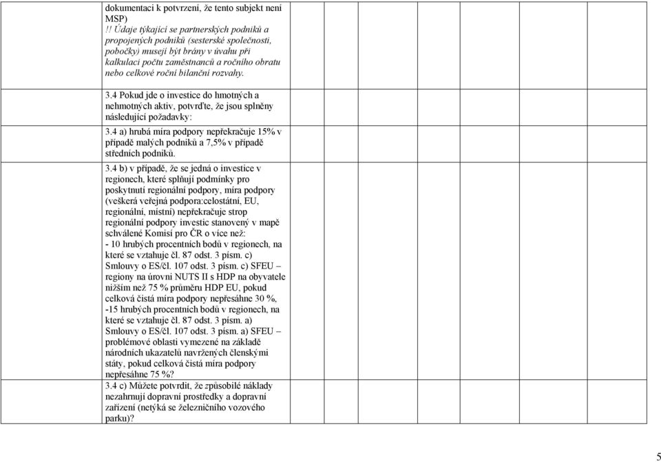 rozvahy. 3.4 Pokud jde o investice do hmotných a nehmotných aktiv, potvrďte, že jsou splněny následující požadavky: 3.