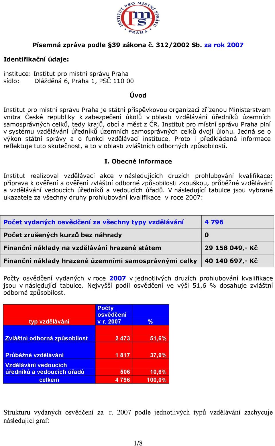 Ministerstvem vnitra České republiky k zabezpečení úkolů v oblasti vzdělávání úředníků územních samosprávných celků, tedy krajů, obcí a měst z ČR.