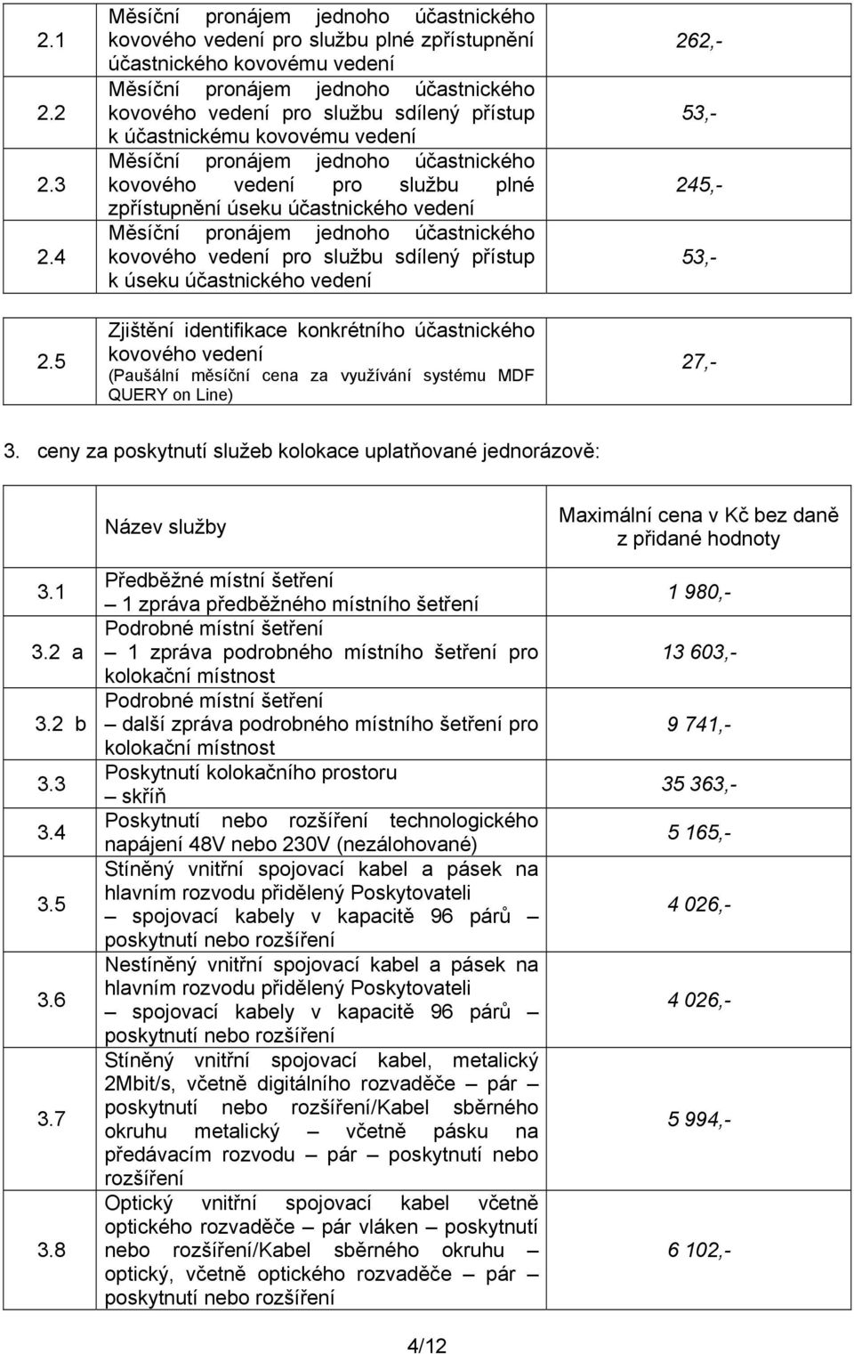 účastnickému kovovému vedení Měsíční pronájem jednoho účastnického kovového vedení pro službu plné zpřístupnění úseku účastnického vedení Měsíční pronájem jednoho účastnického kovového vedení pro