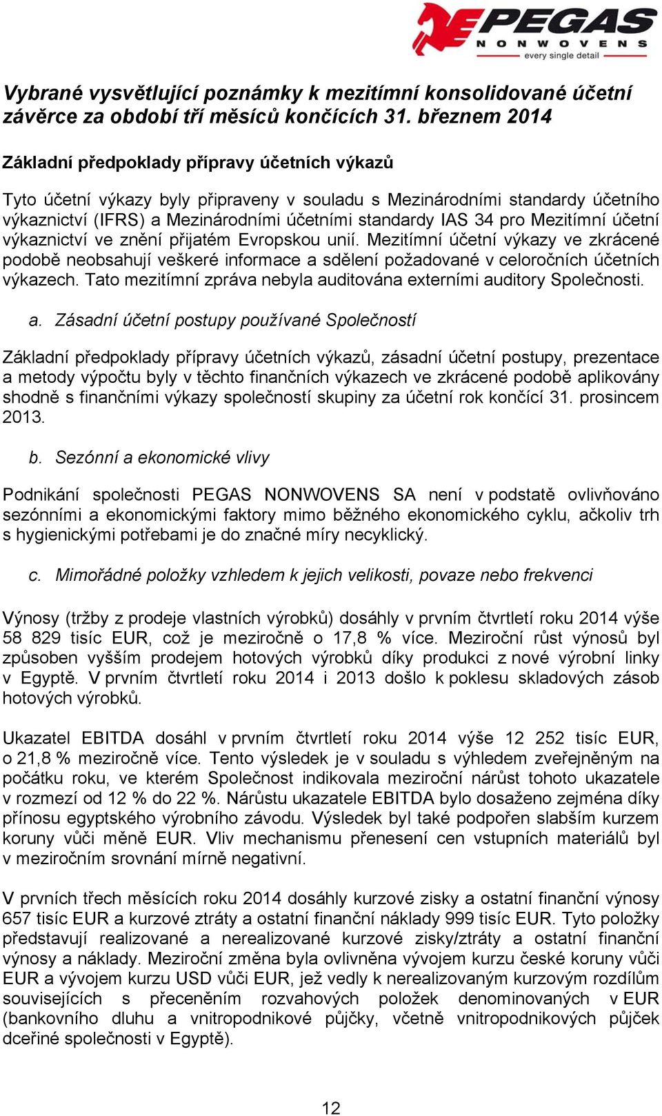 pro Mezitímní účetní výkaznictví ve znění přijatém Evropskou unií. Mezitímní účetní výkazy ve zkrácené podobě neobsahují veškeré informace a sdělení požadované v celoročních účetních výkazech.