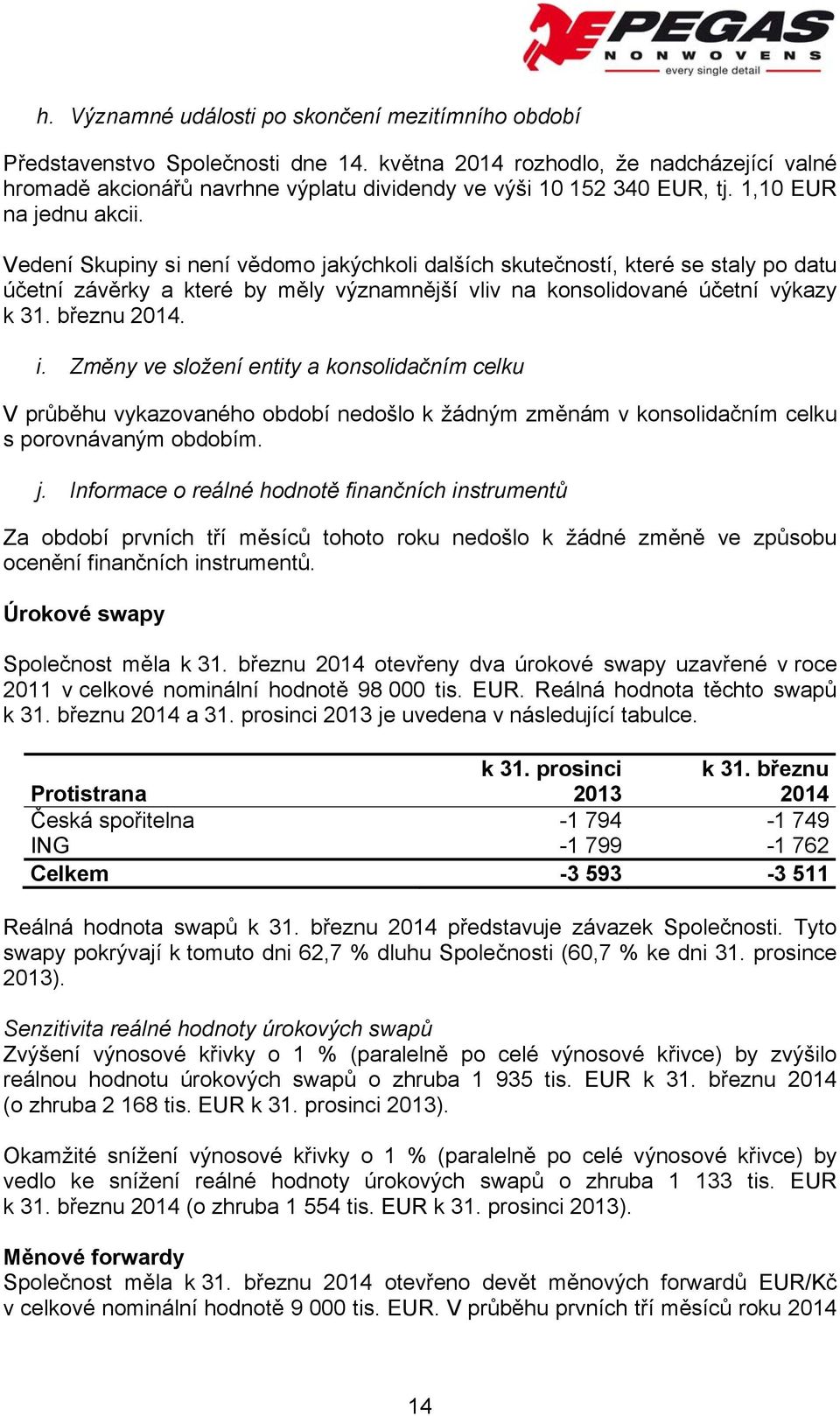 Vedení Skupiny si není vědomo jakýchkoli dalších skutečností, které se staly po datu účetní závěrky a které by měly významnější vliv na konsolidované účetní výkazy k 31. březnu 2014. i.