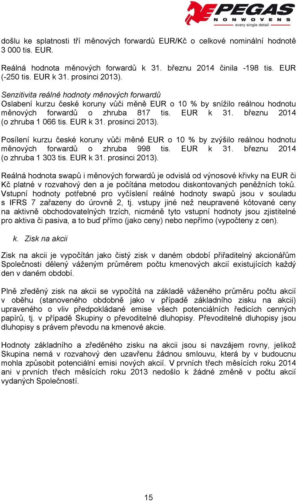 březnu 2014 (o zhruba 1 066 tis. EUR k 31. prosinci 2013). Posílení kurzu české koruny vůči měně EUR o 10 % by zvýšilo reálnou hodnotu měnových forwardů o zhruba 998 tis. EUR k 31. březnu 2014 (o zhruba 1 303 tis.