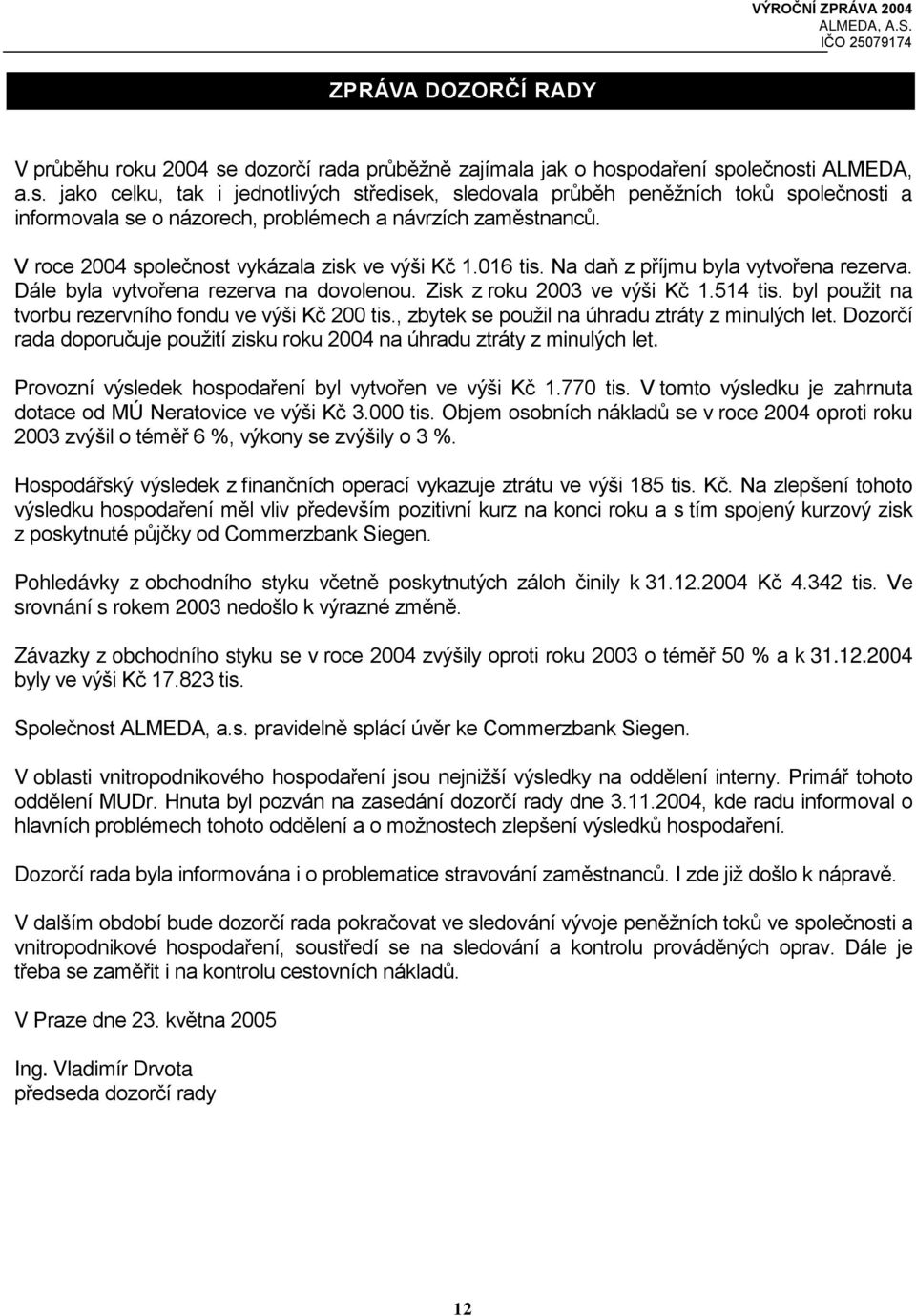 byl použit na tvorbu rezervního fondu ve výši Kč 200 tis., zbytek se použil na úhradu ztráty z minulých let. Dozorčí rada doporučuje použití zisku roku 2004 na úhradu ztráty z minulých let.