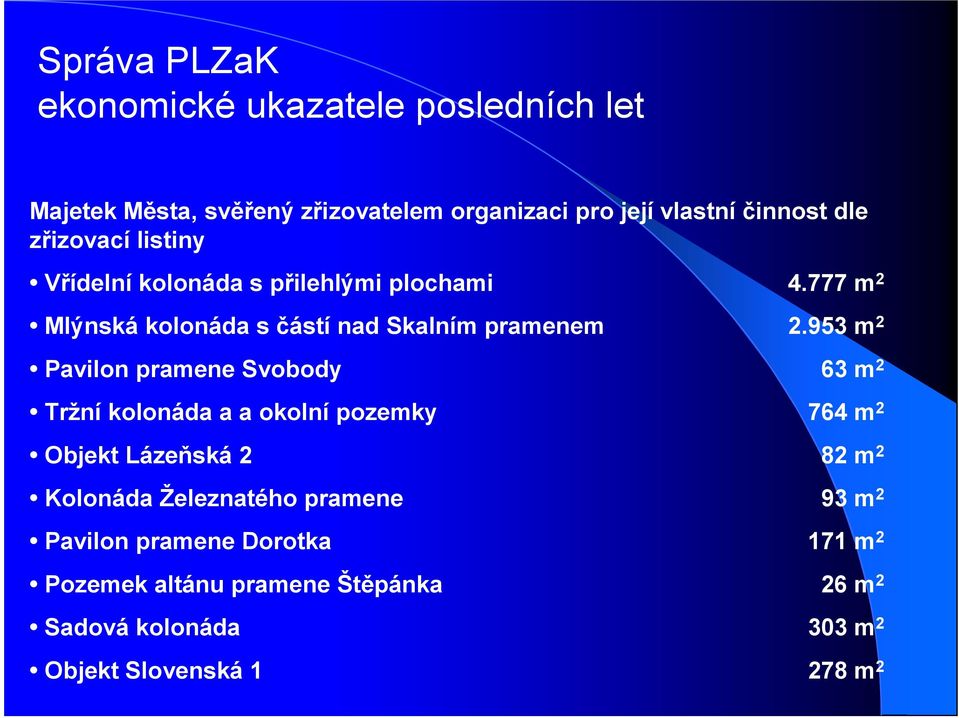 953 m 2 Pavilon pramene Svobody 63 m 2 Tržní kolonáda a a okolní pozemky 764 m 2 Objekt Lázeňská 2 82 m 2 Kolonáda